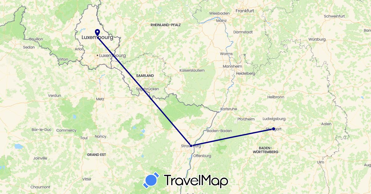 TravelMap itinerary: driving in Germany, France, Luxembourg (Europe)