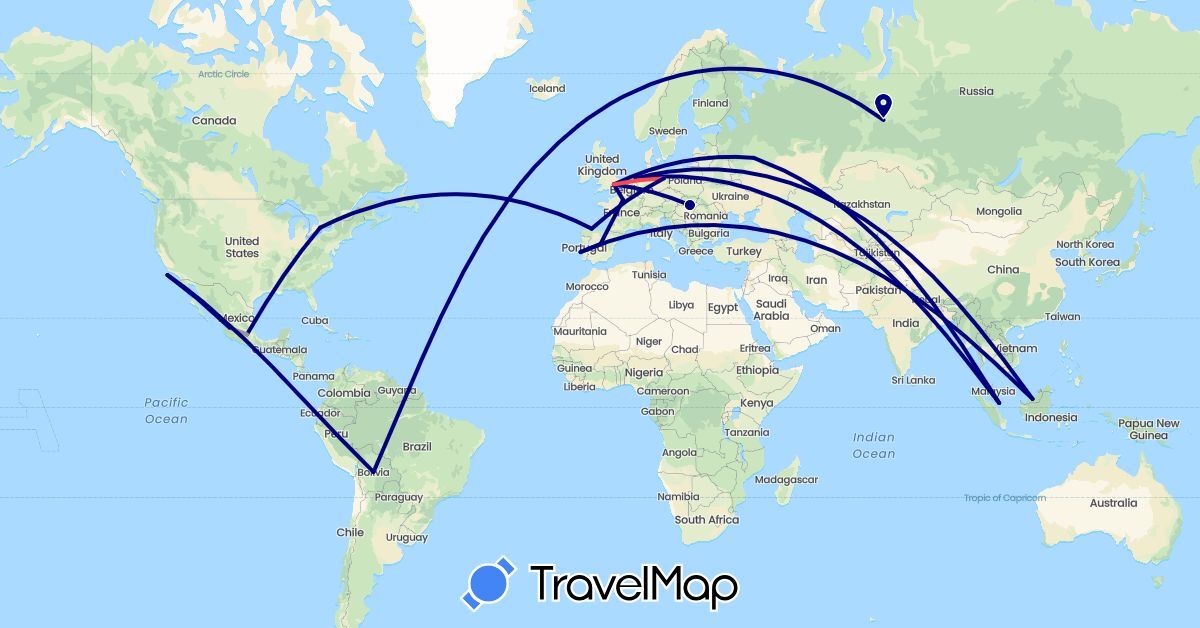 TravelMap itinerary: driving, plane, hiking in Bolivia, Canada, Germany, Spain, France, United Kingdom, Hungary, Mexico, Malaysia, Netherlands, Portugal, Russia, Singapore (Asia, Europe, North America, South America)
